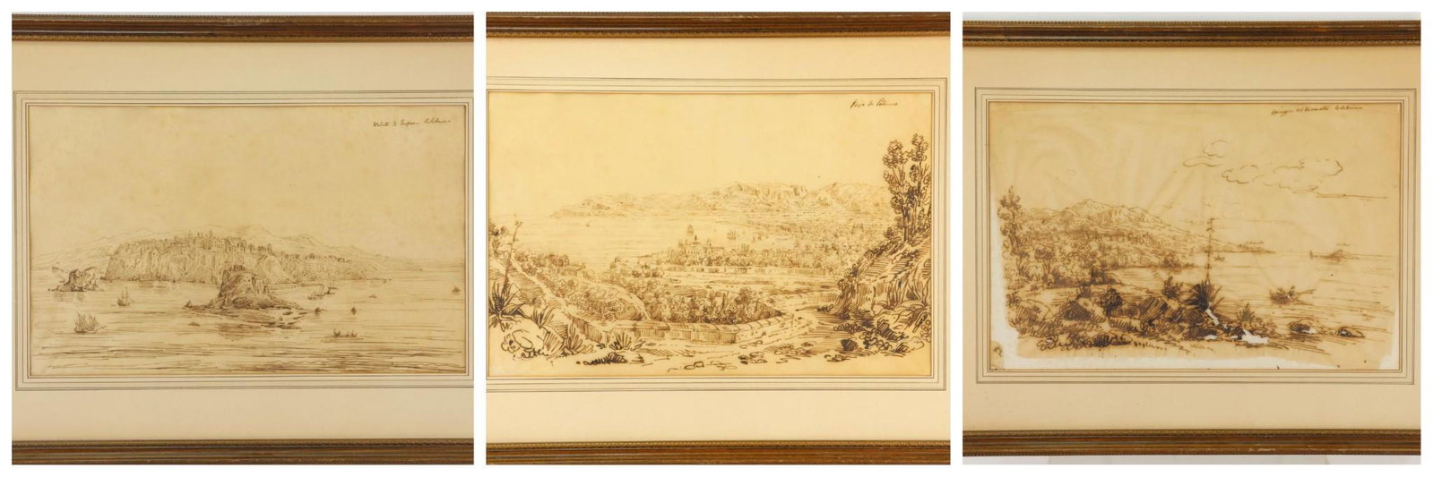 Pen and Ink on Paper in the Manner of Antonio Senapes: Collection of unsigned Italian pen and ink on paper landscapes of Italian locales in Calabria and Palermo, a Calabria image has damage. 10.25"h x 17.25"w sight and 18"h x 24"w framed.