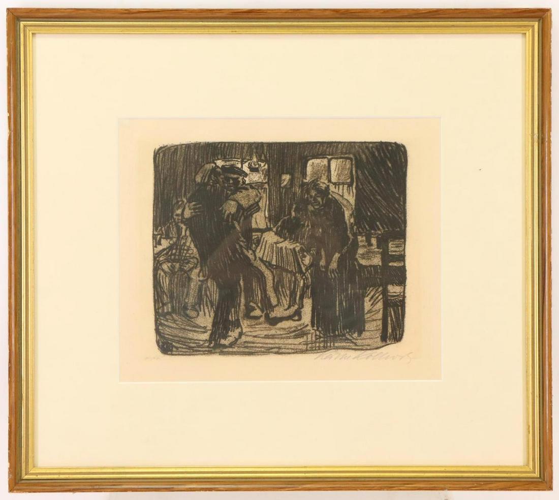 Kathe Kollwitz (1867-1945): Lithograph, "Hambourg Public House", pencil signed lower right. Interior scene with revelers. 9"h x 11"w sight and 16.25"h x 18.25"w framed