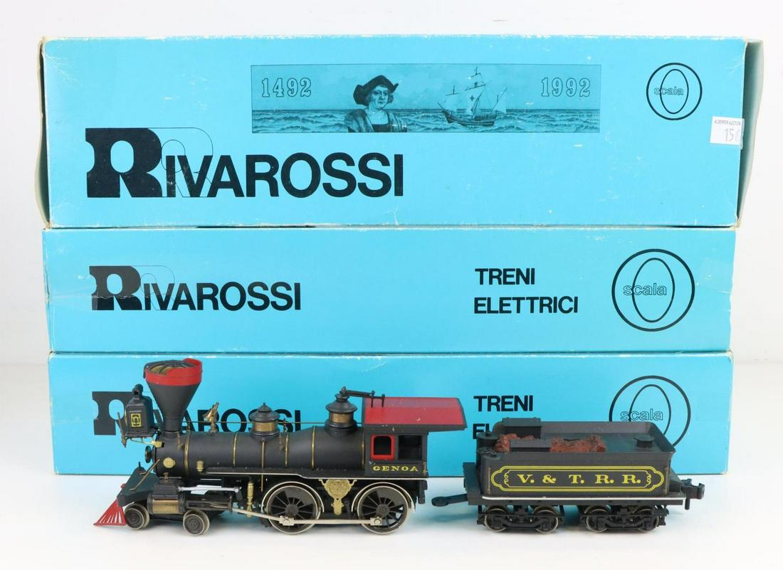 Rivarossi Steam Locomotive Kits: O gauge, 2-rail 4-4-0 Genoa steam locomotive with V&T RR tender (damaged front fender), 4-4-0 Genoa steam locomotive with plain tender and 4-4-0 Genoa steam locomotive with Columbus tender.