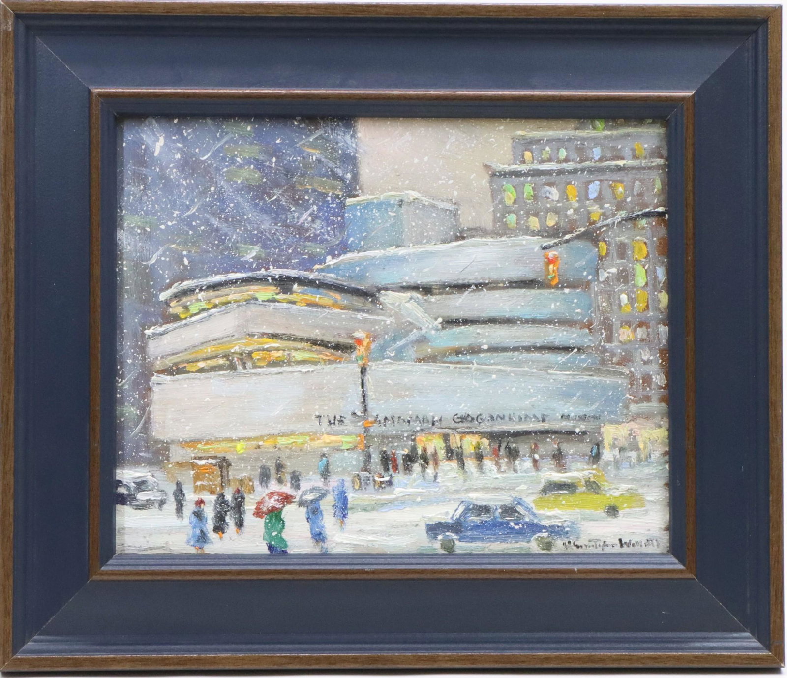 Christopher G. Willett (Born 1959): Oil on board, SLR, signed and titled en verso "Evening at the Guggenheim Museum, New York City". 8"h x 10"w and 11.75"h x 13.75"w framed **Please Note: In-house shipping is NOT available for the Fine 