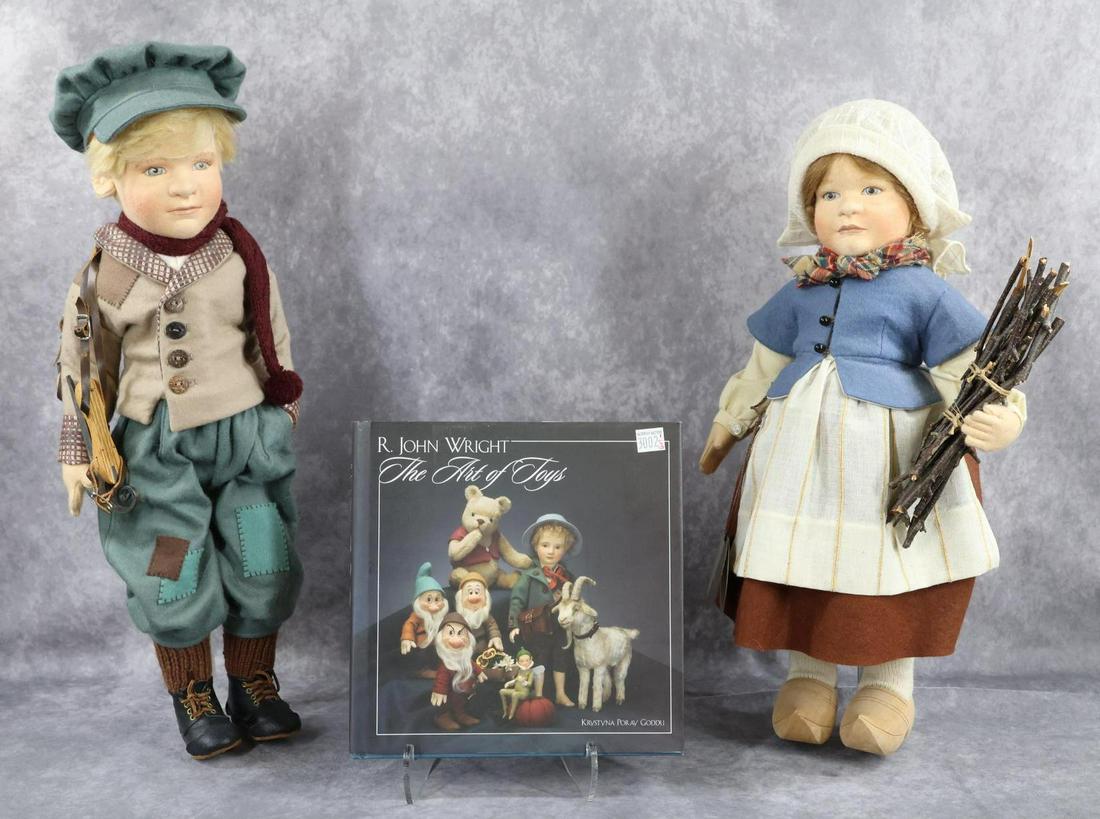 R. JOHN WRIGHT.: LOT. Pair of 1990-1992 dolls: 20" "Hans Brinker" and 18" Gretel Brinker", #151/350. Hang tag reads: For Betty, Hans & Gretel signed R. John Wright '97. Dolls are marked but have no boxes or COA. Also