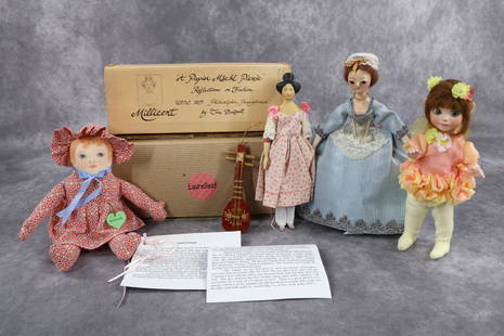 UFDC/REGIONAL SOUVENIR & ARTIST DOLLS.: LOT. Dolls - "Millicent" Reflections on Fashion by artist Tom Banwell. "A Papier Mache Picnic" UFDC 2005, Philadelphia, PA. "Sugar" an 8" cloth doll by artist Lolly Yocum made for Dollogy Doll Club.