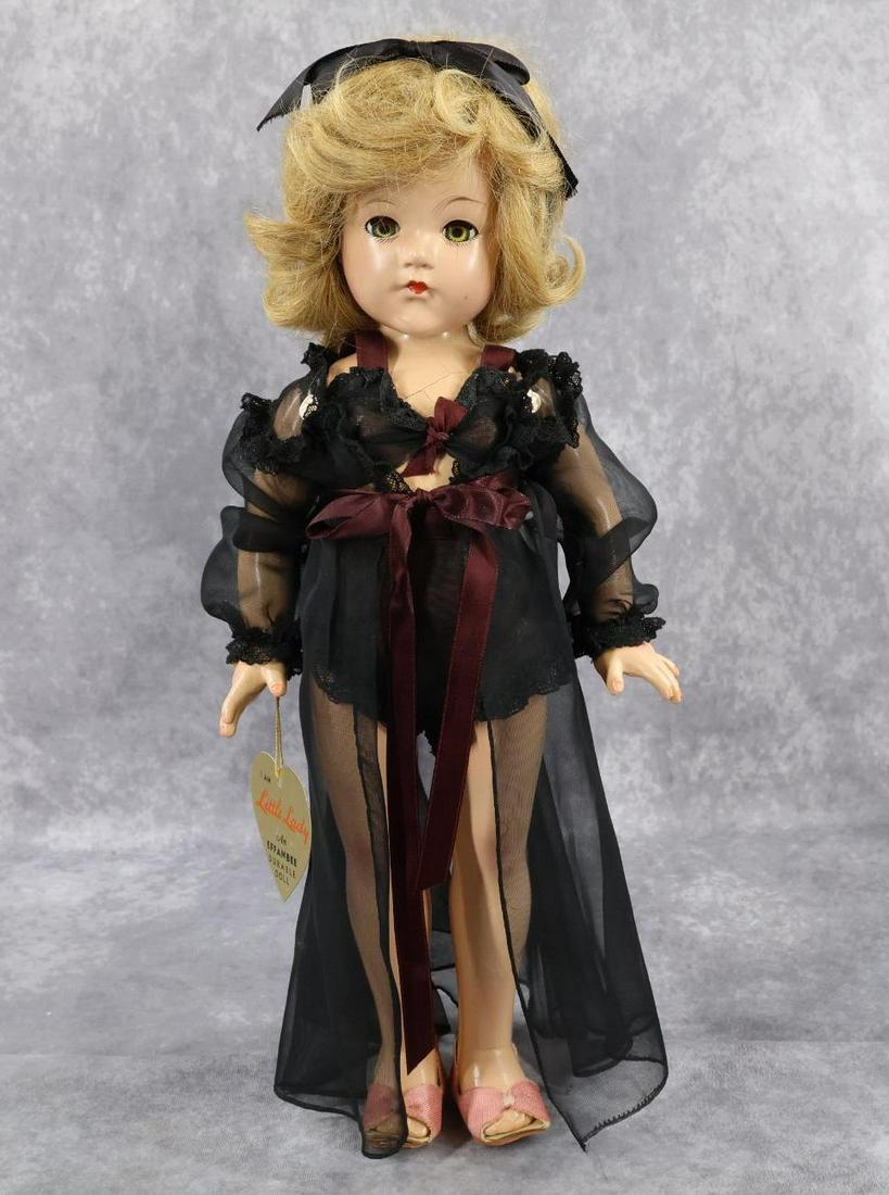 COMPOSITION DOLL(S).: 18" EFFANBEE all original "Little Lady" doll. Hangtag. Honey blonde human hair wig. Dressed in black brassiere, panties, robe. Pink satin slippers, Condition: hair has been played with/combed. Crazing