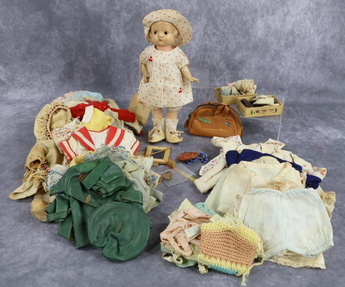 COMPOSITION DOLL(S).: LOT. This is an original owner lot. 9" EFFANBEE "Patsyette", (Mary's doll). Condition: the doll itself has crazing, paint loss. What is wonderful about this lot is the CLOTHING. Dress with hats, dress