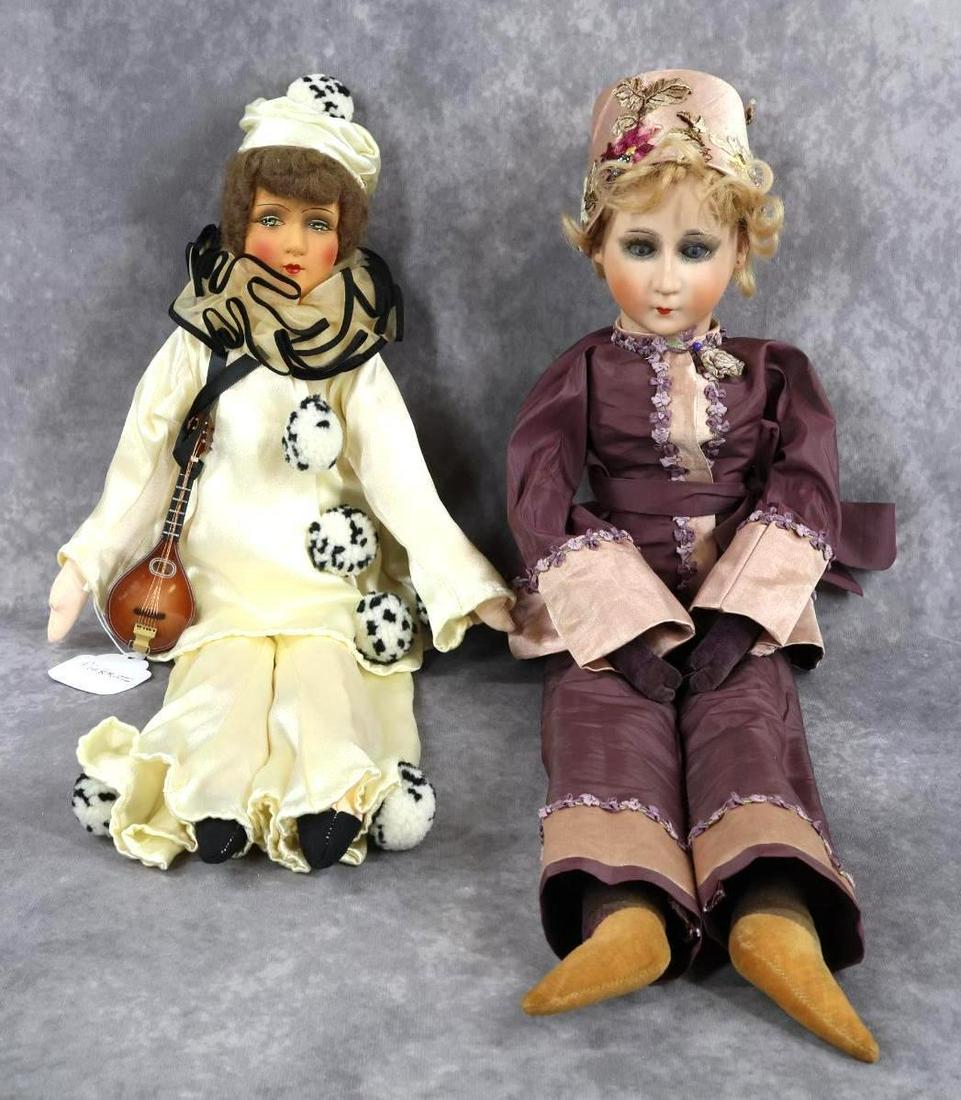 COMPOSITE & BISQUE DOLL(S).: Pair of PIEROTT type dolls. Composite - 19" unmarked doll with papier mache head, cloth body. Painted features, brown mohair wig. Dressed in ivory satin three pc. outfit with organdy ruffled collar, w