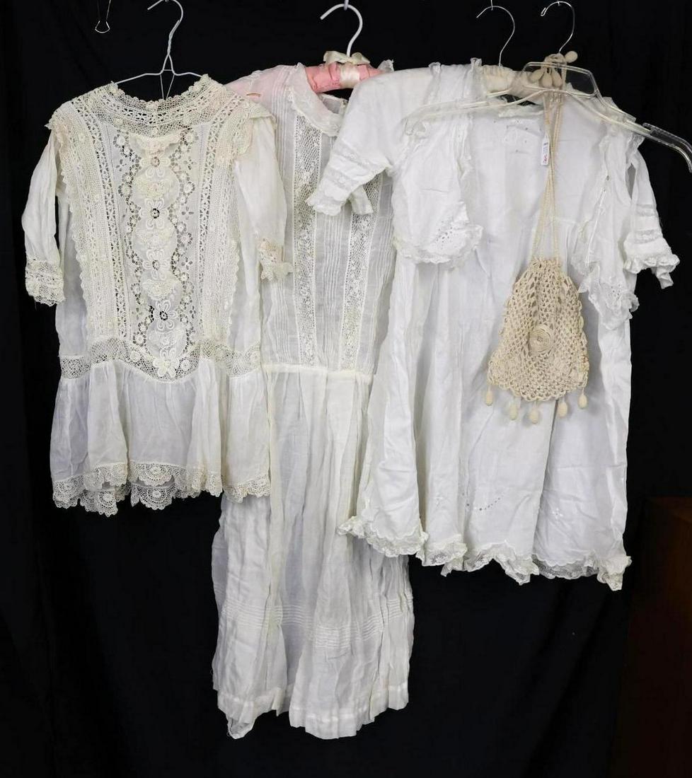 ANTIQUE LADIES/CHILDREN'S CLOTHING.: LOT of antique white cotton clothing/accessory. (4) Pcs. Child's - dress with vest. Dress with lace, pin tucks. Dress with Irish double rose crochet on bodice and cuffs. Ladies - crocheted drawstring 