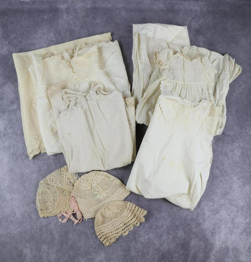 ANTIQUE BABY/CHILDREN'S CLOTHING.: LOT of white cotton clothing. Baby - (3) long petticoats. Long gown. (3) Bonnets: lace and crocheted. Child - long night gown. Most of these items have either lace, embroidery or pintuck detail. Also 