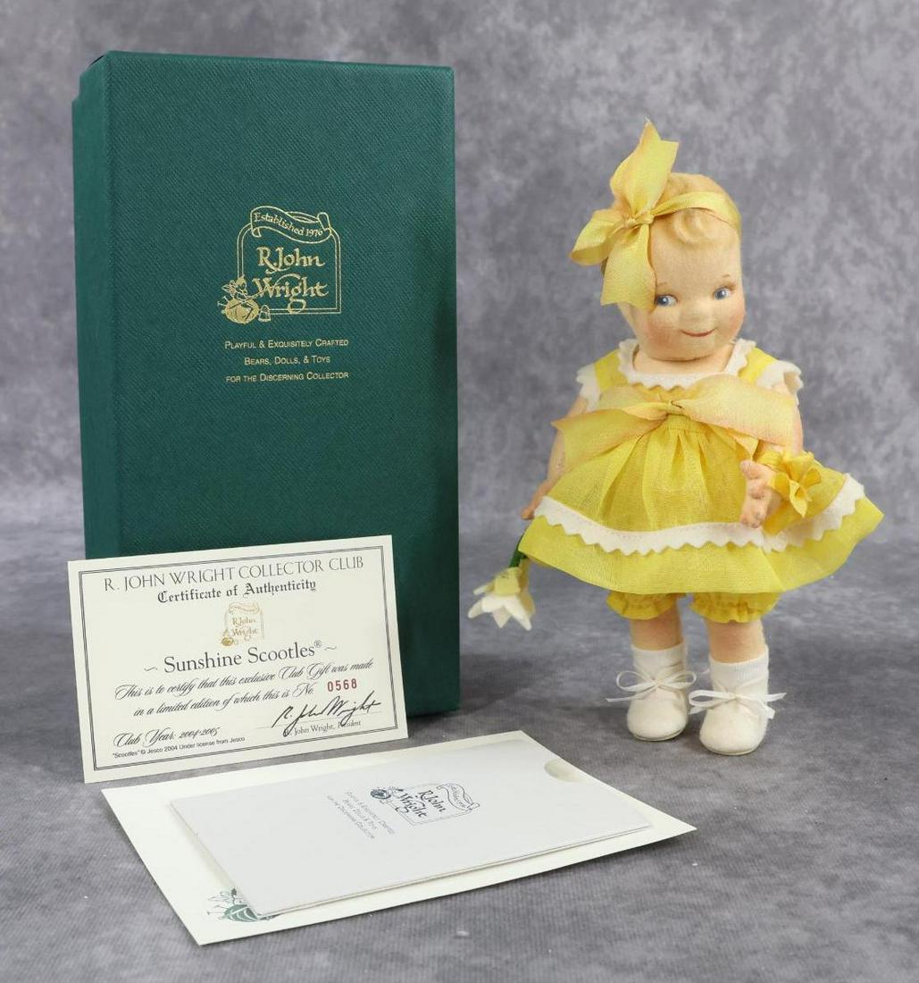 R. JOHN WRIGHT.: MIB 7" 2004-2005 "Sunshine Scootles" doll. No. 0568. COA. Original sleeve. **Please Note: In-house shipping is NOT available for the Doll auction. Please refer to the terms and conditions of this auct