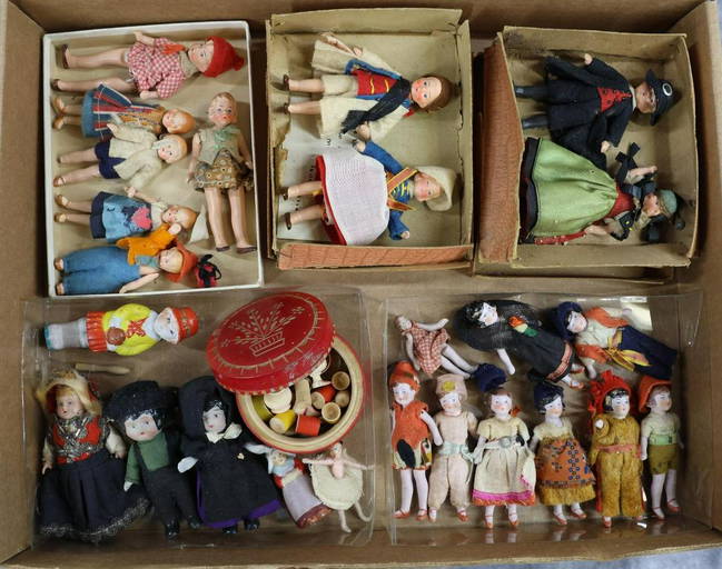 Lot 677: 27 Miniature China & Bisque Dolls w/ 3 Figures