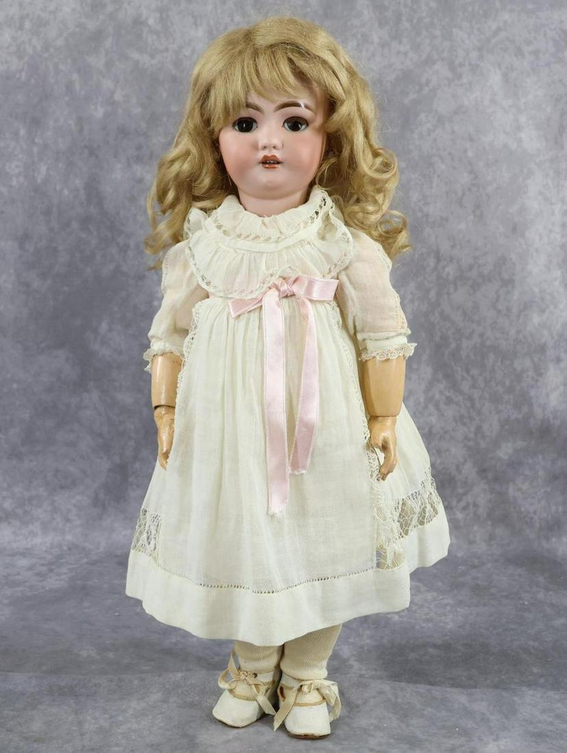 GERMAN BISQUE DOLL(S).: 18" S H 1039 9 DEP red stamp WIMPERN (second word illegible) doll. Brown sleep eyes, open mouth, pierced ears, curly blonde mohair wig. Papier mache jointed body. Dressed in antique white cotton cloth