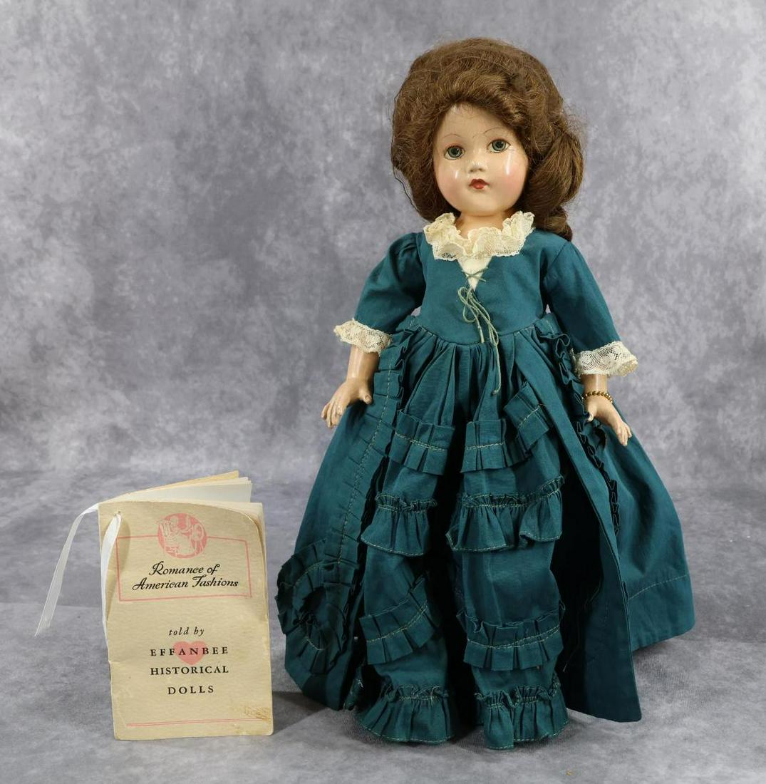 COMPOSITION DOLL(S).: 15" All original EFFANBEE "Historical Doll" - 1740 Benjamin Franklin's Influence. Painted blue eyes, closed mouth, brown human hair wig. Green cotton period dress over white petticoat, pantaloons. Bla