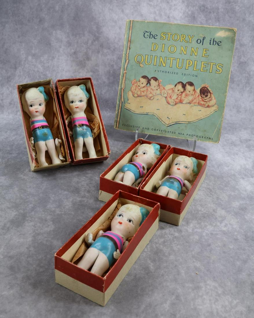 NOVELTIES.: LOT. Set of (5) 6 1/2" al bisque dolls with molded, painted bows in hair and clothing. Strung arms only, Made in Japan. Original box bottoms only. Condition: arms need restringing. Paint loss. Boxes h