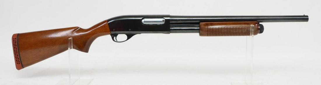 Remington Wingmaster 870 Pump Action Shotgun: 12Ga. 18" bbl, 2 3/4" chamber, Cyl bore choke, Sn 1251164V. 98% blue finish shows light/average handling, good bore, wood stock and ribbed forearm shows light handling with slight damage on sides of f