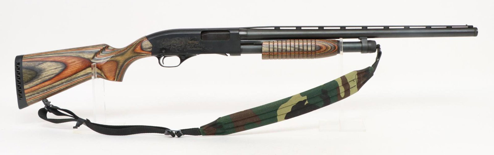 Winchester Model 1300 Turkey NYTF Pump Action Shotgun: 12Ga. 22 1/2" bbl, 3" chamber, full choke tube, SN L2184799. 98% matte black finish shows light scratches on receiver and small nicks on bottom edges of receiver, good bore, vent rib, engraved receive