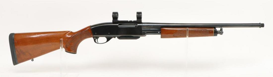 Remington 760 Gamemaster Carbine Pump Action Rifle: 30-06, 18 1/2" bbl, SN 7017529. 95% blue finish shows scattered freckles and thinning on most edges, good bore, threaded muzzle (no thread protector) Weaver style 1 piece scope base and rings, checker