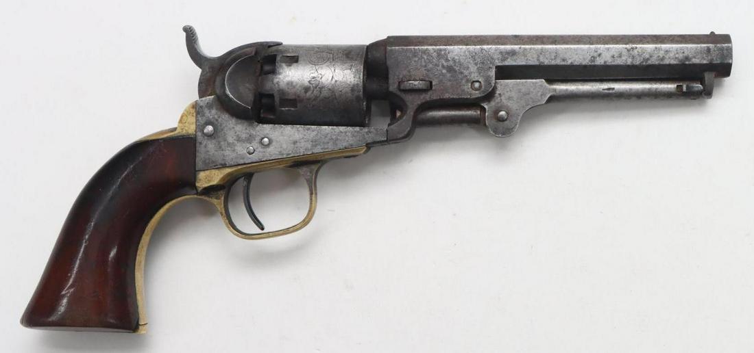 Colt 1849 Pocket Percussion Revolver: .31, 5" octagon barrel, SN 220662. Silver/gray patina, fair bore, top barrel flat marked in a single line ADDRESS COL. SAML COLT NEW YORK U.S.AMERICA, cylinder engraved with stagecoach scene, brass tr