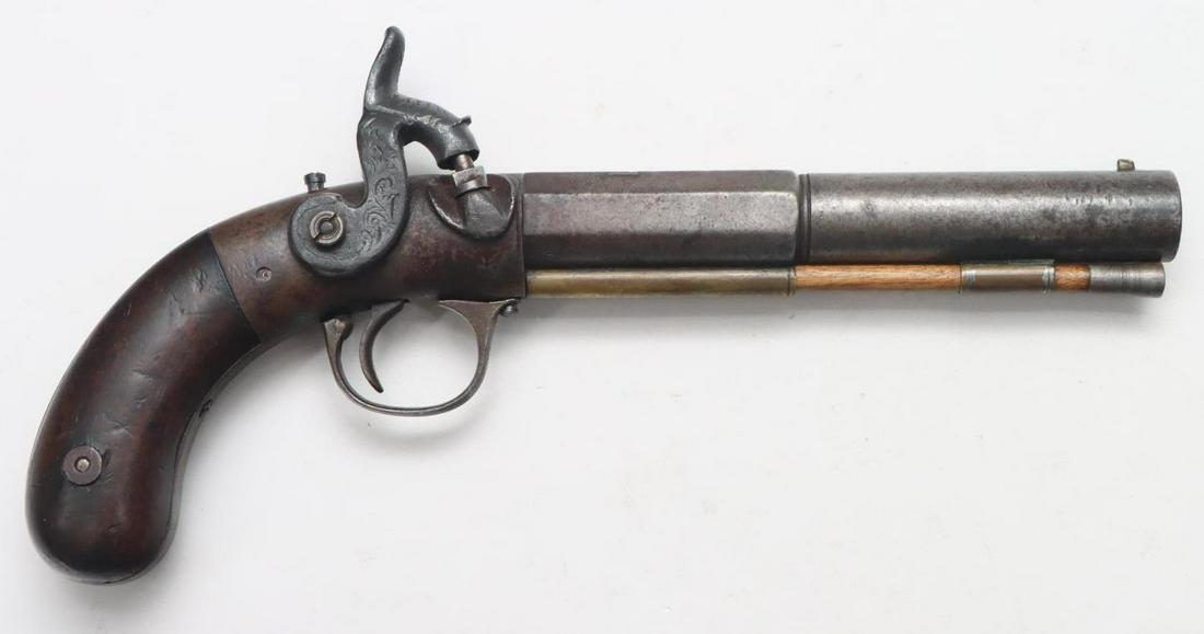 Allen & Furber Side Hammer Percussion Pistol: .45, 6" bbl, SN 31847. Gray/silver patina, fair bore, octagon to round barrel with single wedding band transition marked Allen & Turber / Worcester / Cast-Steel in three lines on left side flat, rear