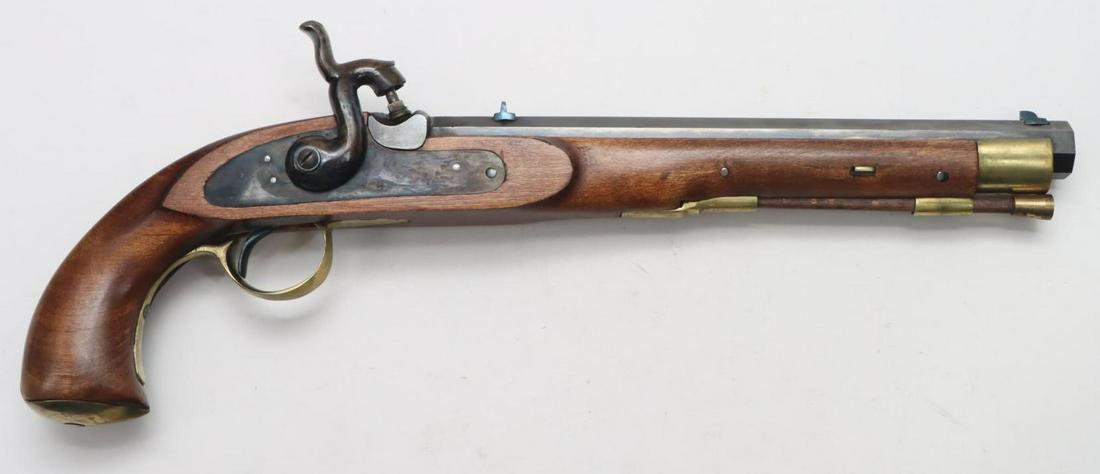Turner Kirkland Reproduction Percussion Pistol: .40, 9 7/8" bbl, SN 172. 98% blue finish shows light/average handling, very good bore, barrel marked made in Belgium, strong case color lock holds on half and full cock, wood ramrod with brass furels,