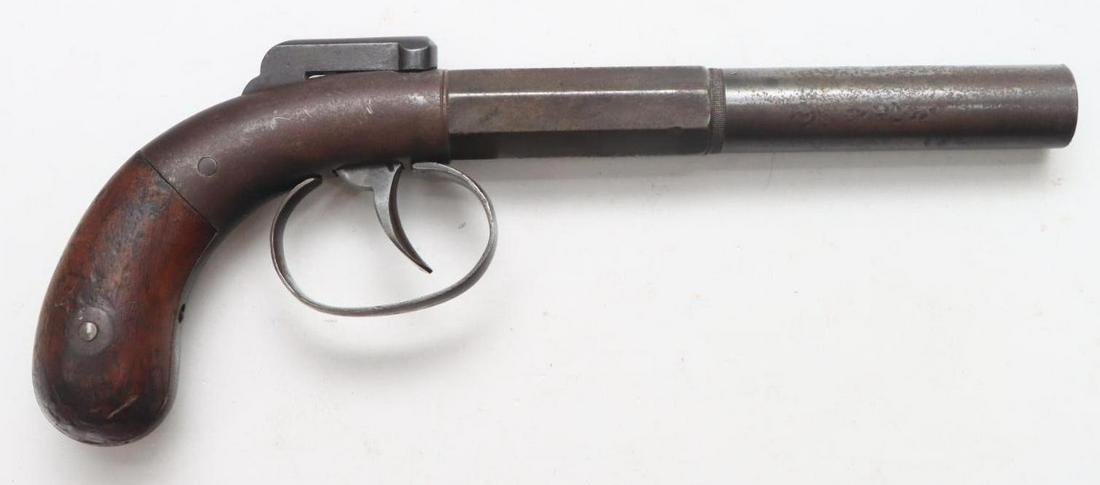 Allen & Wheelock Bar Hammer Pistol: .36, 5" bbl, SN 702. Brown/gray patina, good bore, octagon to round barrel with single wedding band transition, top flat faintly marked Allen & Wheelock, left side of bar hammer marked Patented / Apri