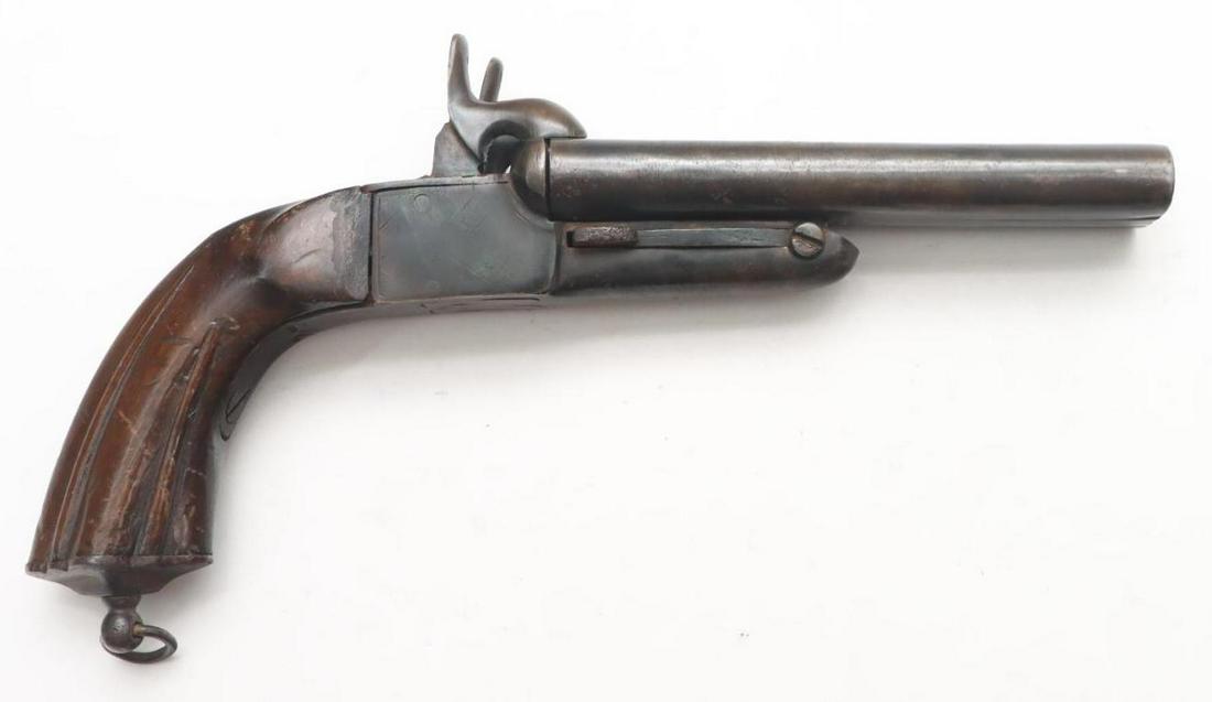 European Double Barrel Pinfire Pistol: 11mm, 4 3/4" round bbls, SN 330. Dark brown/black patina, poor bores, strong falling trigger actions both hold on half and full cock, left hammer is broken off at neck, no visible proofs, fluted wood 