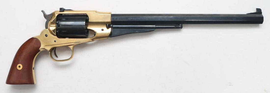Cabela's/Pietta 1858 Buffalo Percussion Revolver: 44, 12" bbl, SN 233099. 100% blue finish on barrel and cylinder, brass frame, good bore, wood grips show no handling, entire revolver is still coated in shipping grease, date code BH (1996) New in ori