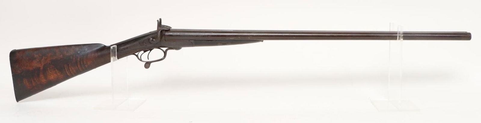 Antique H Hook English Underlever PinFire SxS Shotgun: 12Ga. 2 9/16" chambers, cyl bore chokes, NSN. Dark brown patina, poor bores, solid rib with single bead, strong 90% engraved back action locks hold on half and full cock, barrel lock up is slightly lo