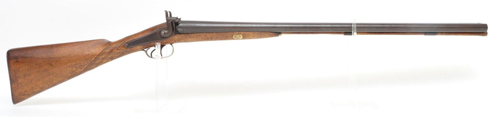 William Moore London Percussion SXS Shotgun: 12Ga, 29 1/4" bbls, SN 9819. Dark brown patina on barrels, poor bores, underside of breech shows area of moderate oxidation at breech plug union, strong back action locks hold on half cock with only l
