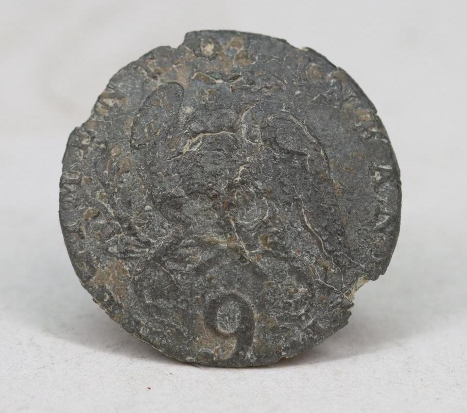 Early 19th Century US Infantry Button-9th Regiment: United States Infantry 9th Regiment button Albert's GI53R9Ep. Button is not backmarked. Button is pewter 1-piece, excavated (dug) and is in good condition with some corrosion, and exhibits re-attached