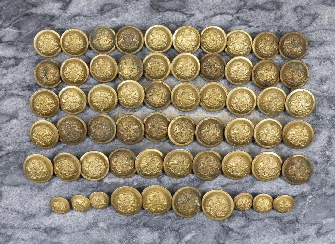 Collection of Pennsylvania Staff Buttons: Collection of 52 Pennsylvania staff coat buttons and 6 Pennsylvania staff kepi/vest buttons Albert's PA19 including backmarks of "WATERBURY BUTTON CO/WATERBURY", "SCOVILL MFG CO/WATERBURY", and "HORST
