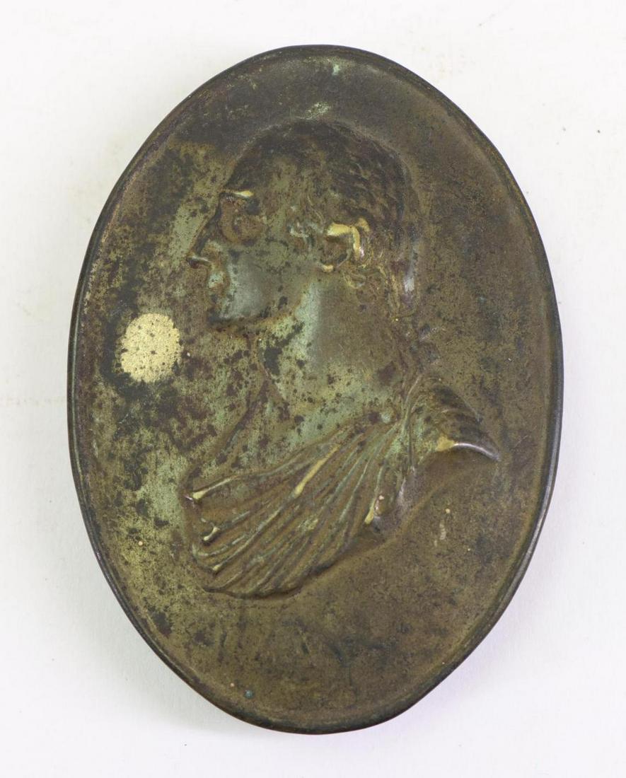 Pre-Civil War Militia Crossbelt Plate: Pre-Civil War United States Washington Greys (Philadelphia) crossbelt plate (circa 1830/40's) in oval featuring bust portrait of George Washington facing left. Plate measures 3" x 2.25". Plate exhibit