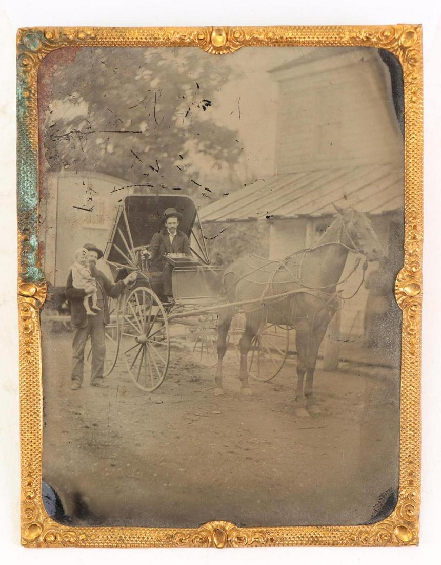Tintype of Doctor in Buggy With Medicine: Quarter plate tintype (circa 1860/70's) of doctor in buggy with medicine chest on lap handing medicine bottle to man holding child standing beside buggy. Image is uncased lacking matt and glass, but h