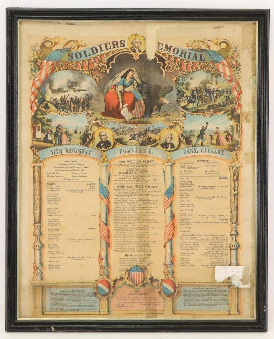 Civil War Escutcheon - 11th Pennsylvania Cavalry: Civil War escutcheon for Company E 11th Pennsylvania Cavalry. Escutcheon lists whole roster of company and was printed by A. HOEN & COMPAMY, BALTIMORE 1863. Escutcheon measures 19.5" x 15.75" (sight) 