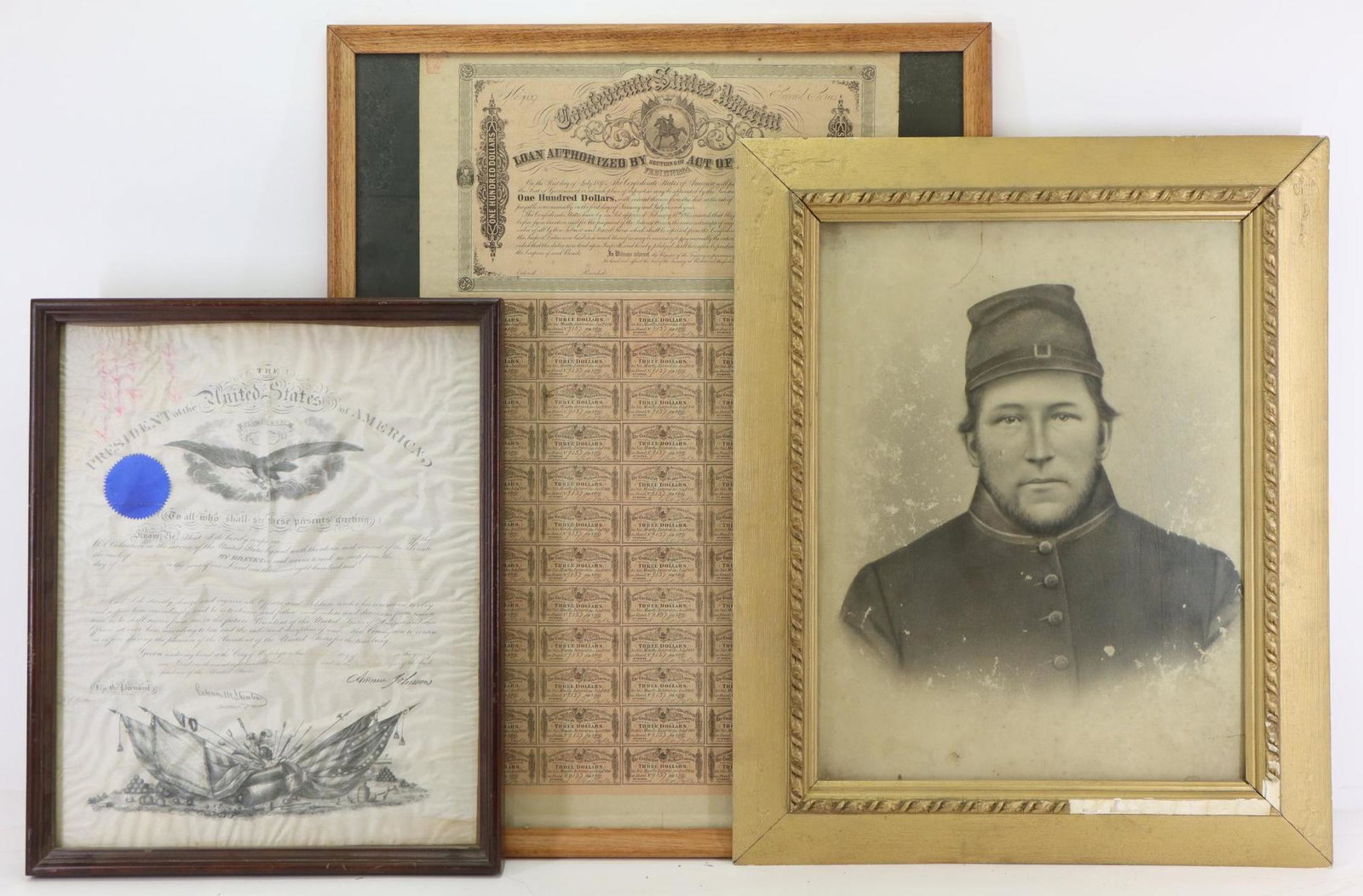 Civil War Ephemera: Civil War ephemera including: 1.) Confederate loan certificate issued March 1864. Certificate measures 27.5" x 17" (sight) and is housed in frame measuring 29.5" x 23.5". Certificate includes all coup