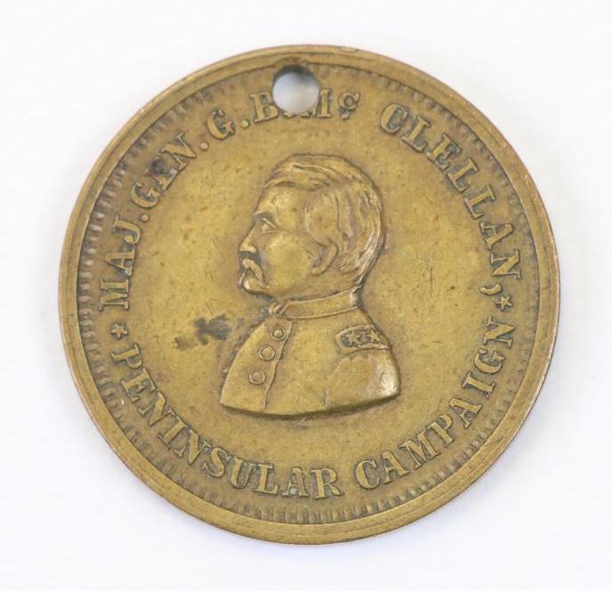 Miniature Civil War ID Disc-19th Pennsylvania Cavalry: Miniature (0.75" in diameter)Civil War identification disc for Corporal Samuel Chippey, Company H, 19th New York Cavalry. Obverse of disc exhibits bust portrait of General George B. McClellan with sur