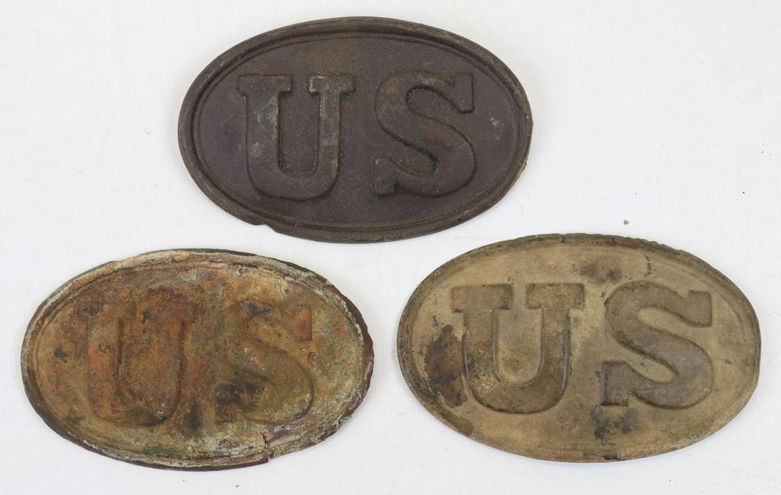 Civil War Cartridge Box Plates-Excavated/Dug: Collection of 3 excavated/dug cartridge box plates. All plates lack reverse loops (rusted away) and one plate lack lead filler on reverse. All pieces excavated/dug in the 1970's. Provenance: Eugene T.