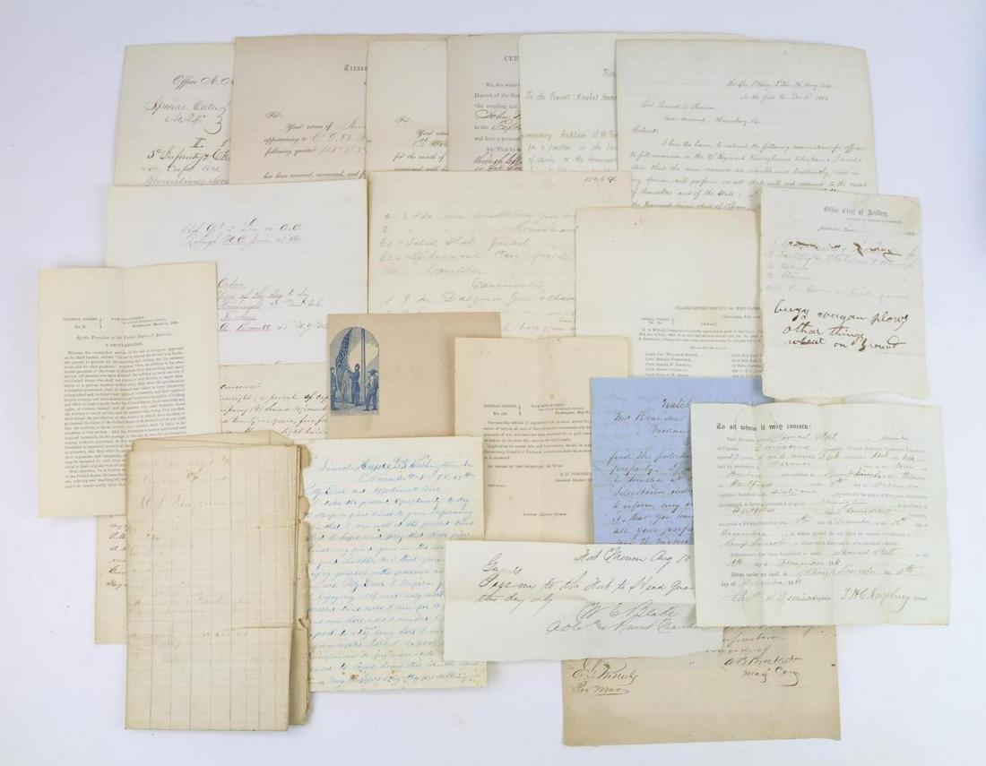 Collection of Civil War Documents and Letter: Collection of 20 assorted Civil War Documents and letter including printed General Orders, pay documents, A large 4-page letter (faded and extremely difficult to read), passes, rough drafts and others