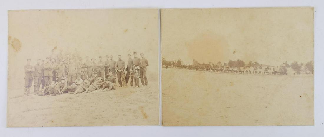 Civil War Photographs-Artillery: Pair of Civil War albumin photographs being: 1.) Group portrait of 32 soldiers and one officer posed around a cannon. Most soldiers wear 4-button sack coats with the officer and several men holding li