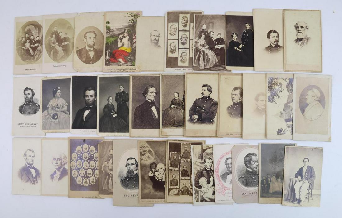 Collection of Civil War Related CDV's: Collection of 33-Civil War related carte-de-visites of engravings, 2nd generation photographs, and montages related to Lincoln, Grant, Lee, Jefferson Davis, other generals and famous Civil War period 