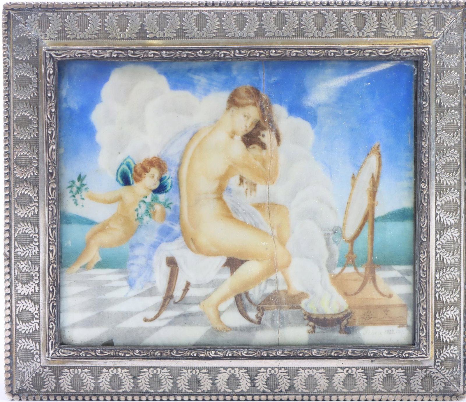 Austrian Silver Box: Gilt 900 silver wood lined dresser box, engine turned, with wreath, bead, and egg-and-dart decoration, the top with inlaid glass over a watercolor miniature depicting a Classical nude with putti, SLR 