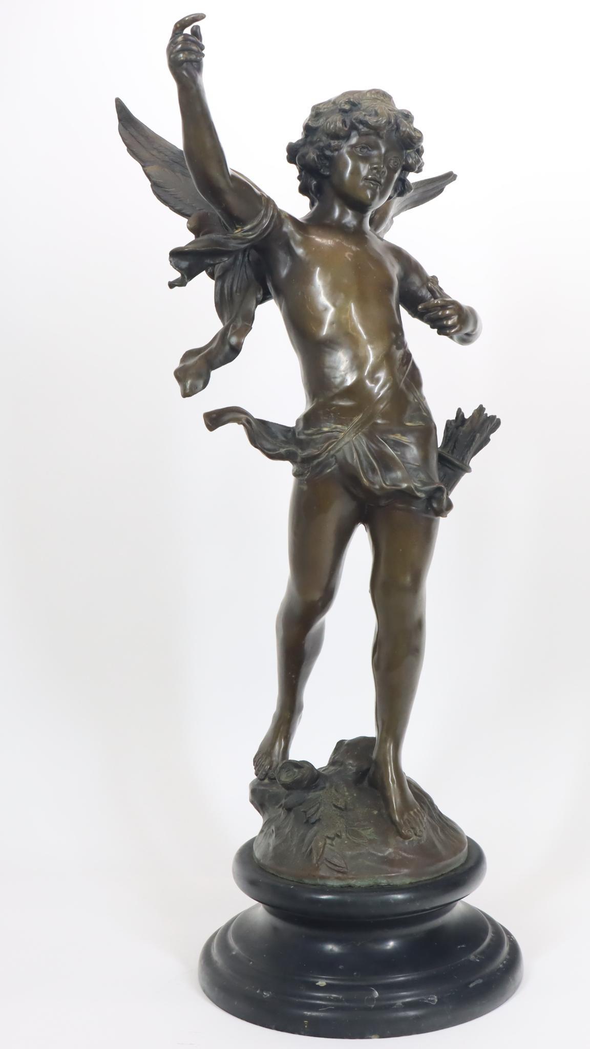 After Auguste Moreau (1834-1917): Bronze sculpture, Cupid, mounted to marble plinth, unsigned. The bow is missing. 24"h x 11"w x 12"d, 28"h with plinth â€‹â€‹â€‹â€‹â€‹â€‹â€‹**Please Note: In-house sh