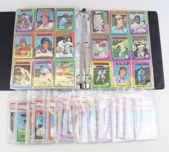 Complete set 1975 Topps baseball cards: Complete set 1975 Topps baseball cards w/20 PSA graded to include #223 Yount Rookie (NM 7), #228 Yount Rookie (NM 7), #3 Gibson Highlight's (NM 7), #185 Carlton (NM 7), #211 Kackson/Rose MVP (NM/MT 8)