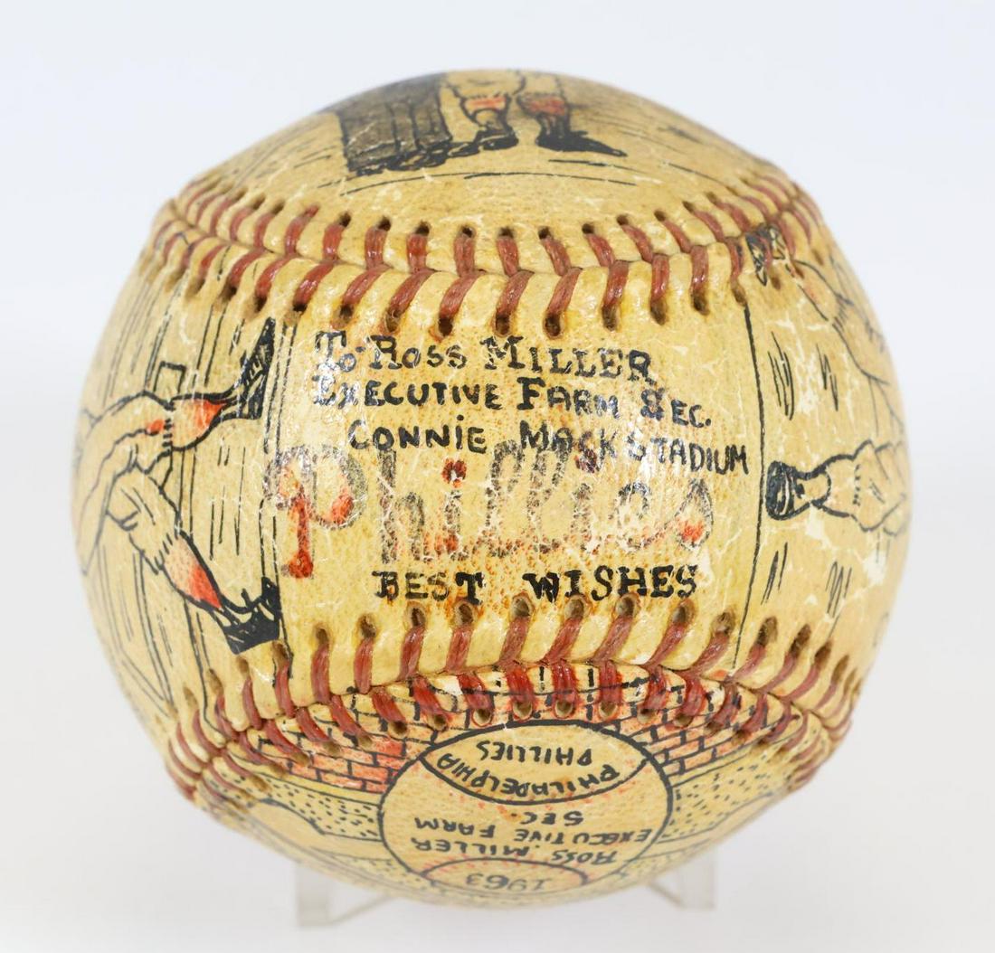 George H, Sosnak folk art baseball: 1963 George H, Sosnak Philadelphia Phillies folk art baseball inscribed "To Ross Miller Excutive Farm Sec. Connie Mack Stadium Best Wishes"(from the estate of, A. Ross Miller who worked in numerous ma