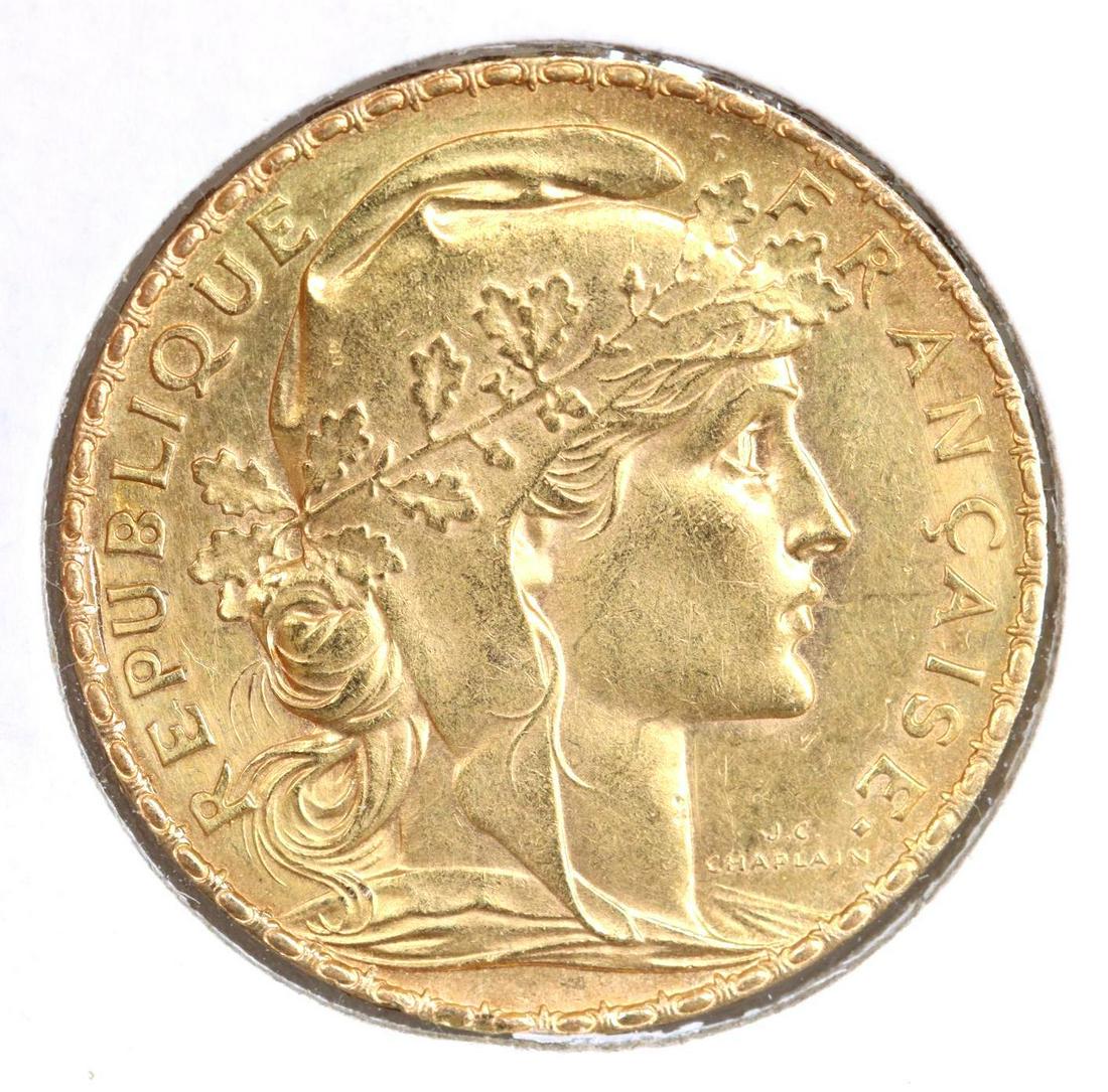 FRENCH GOLD COIN: 20 Francs, 1911 AU, .1867 ozt gold coin **Please Note: In-house shipping is NOT available for the Coins auction. Please refer to the terms and conditions of this auction for local shippers.