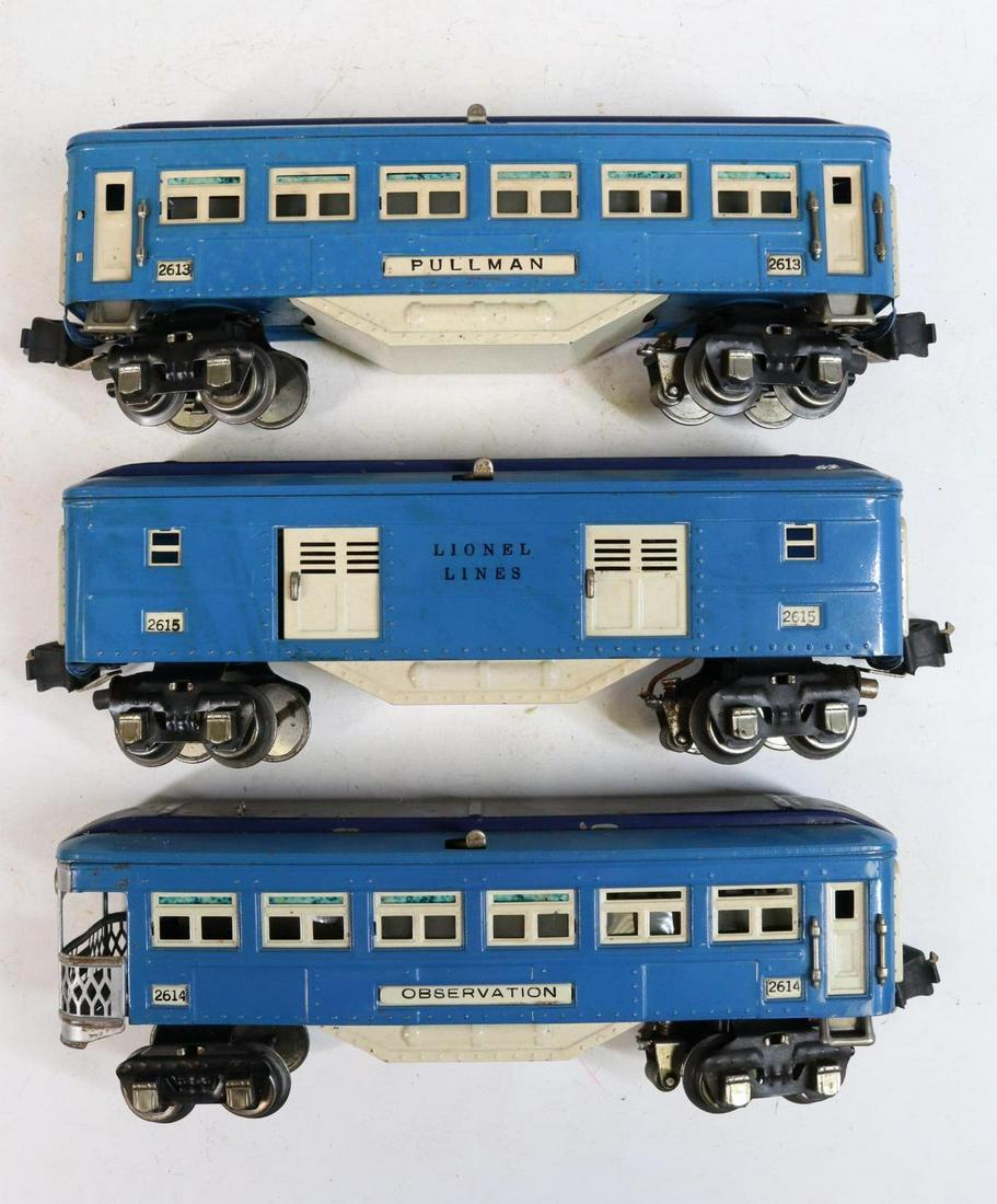 Lionel Prewar Trains: O gauge, 3-rail Blue Comet passenger cars #2613 Pullman car, #2614 observation car and #2615 baggage car. â€‹â€‹â€‹â€‹â€‹â€‹â€‹**Please Note: In-house shipping is NO