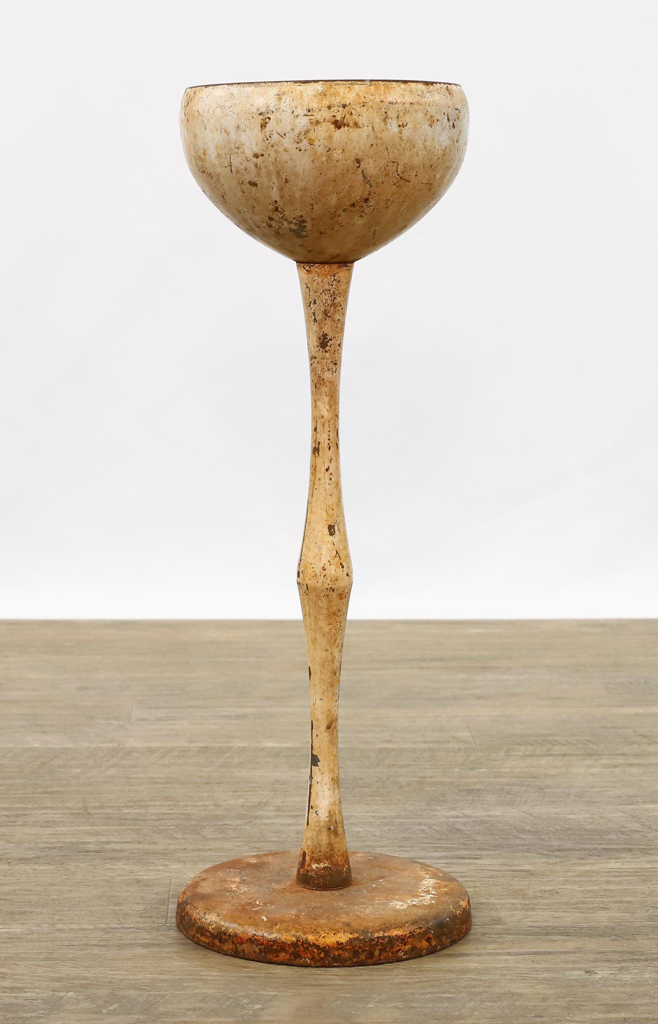 Erwine and Estelle Laverne Planter: White painted steel pedestal planter. Apparently unmarked. Needs refurbishment. 22.5"h