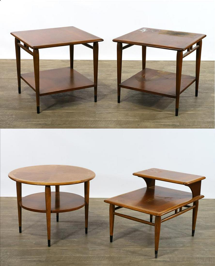 Acclaim Tables by Andre Bus for Lane: Two-tone walnut and oak end tables with exposed dovetails and tapered round legs. Pair of model 900-06 two-tier square lamp tables, 20"h x 28"w x 21"d. Model 900-22 two-tier drum table, 21"h x 28.5"w.