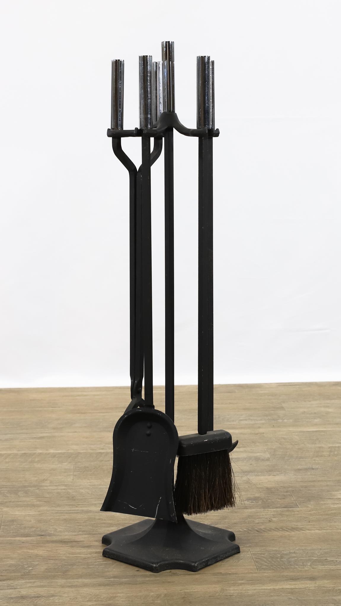 Adams Fireplace Tools: Wrought iron with chrome handles, including stand, poker, brush, shovel, and tongs, by Adams Co, Dubuque, Iowa. 33"h