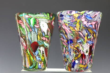 Attr. to Anzolo Fuga (1914-1998): Murano Italian blown cased glass Bizantino or Tutti-Frutti vases (2), with polychrome murrine, zanfirico filligrana, silver and gold aventurine decoration. Attributed to Anzolo Fuga, Arte Vetreria Mur