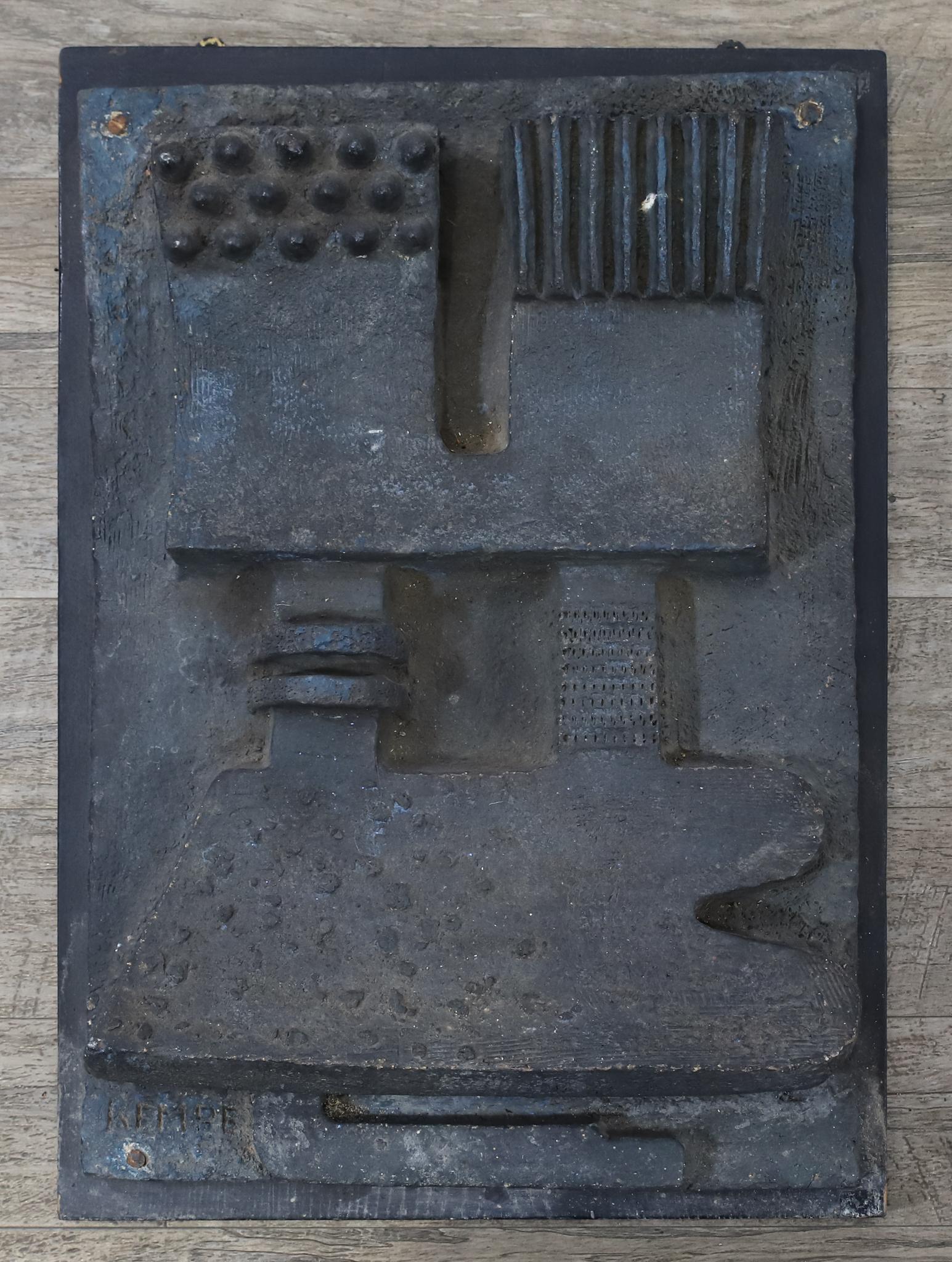 Margot Kempe (1898-1981): Terracotta abstract sculptural wall pocket, SLL, mounted to a wooden backing. 22"h x 15.5"w x 4"d overall