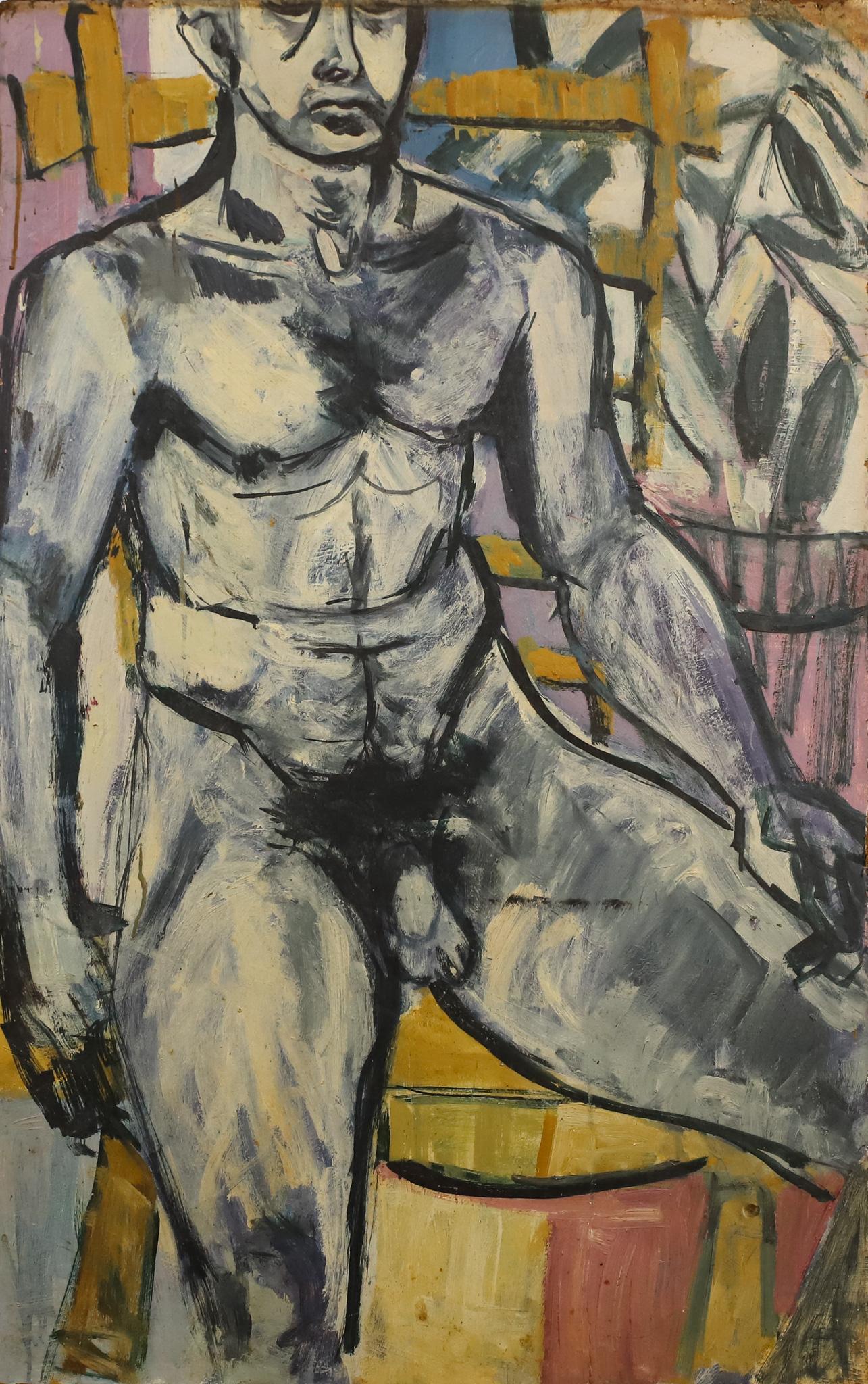 Charles Solt (1925 - 2019): Oil on masonite, Figurative Expressionist nude portrait, unsigned. Some paint loss and water damage. 40"h x 25.5"w. From the artist's estate.